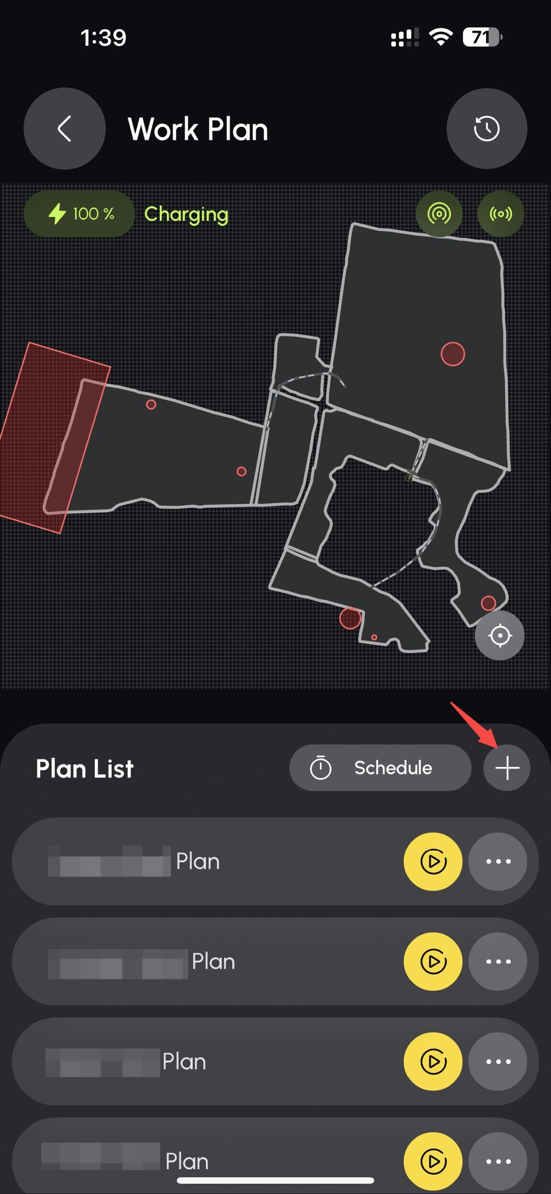 YarboアプリのWork Plan画面でPlan ListとScheduleボタンが表示されている